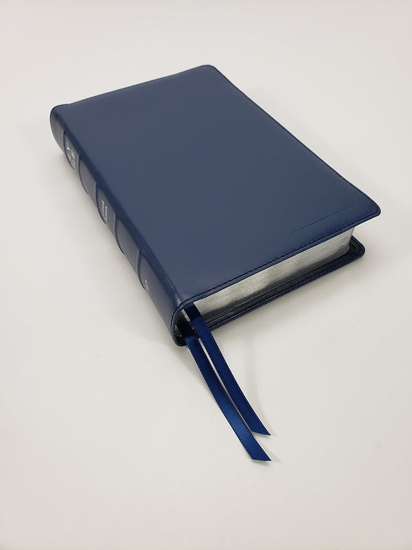 Hand Size, Red Letter Text Bible in Blue, Ironed Calfskin