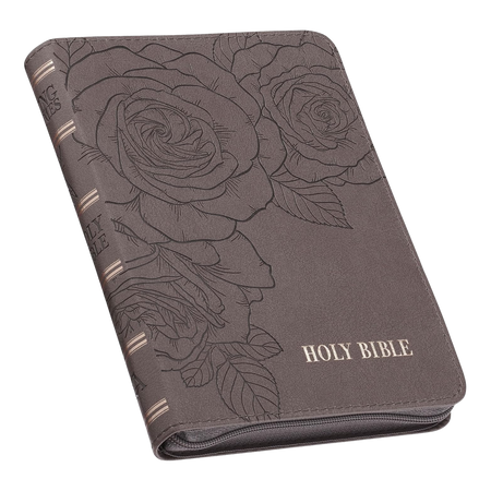 Grey Large Print Compact Bible with Zipper & Rose Design