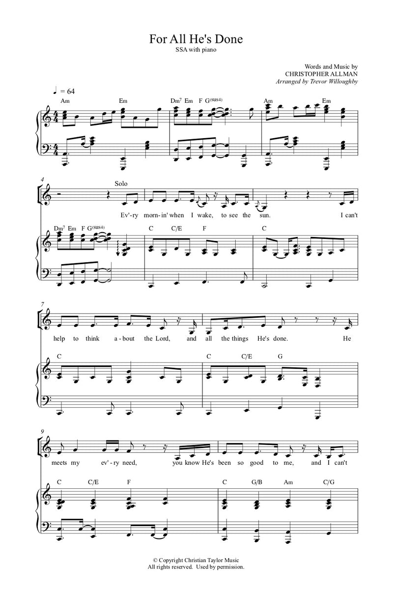 For All He's Done (Sheet Music)