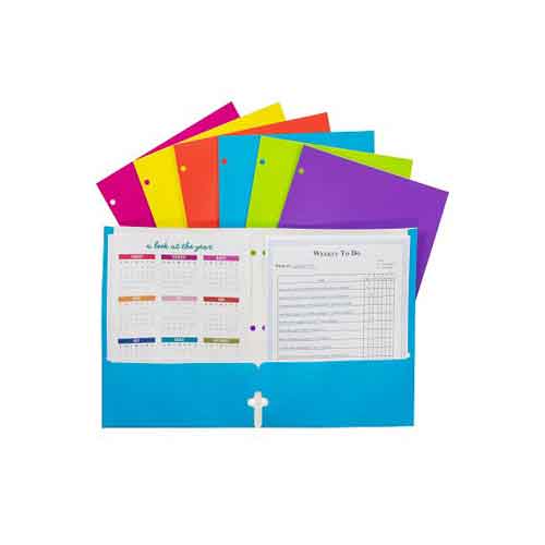 2-Pocket Laminated Paper Portfolio with 3-Hole Punch, Assorted Colors
